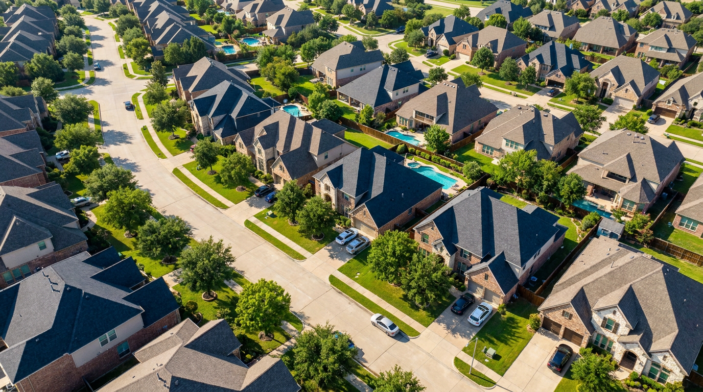 Aerial view of residential rooftops