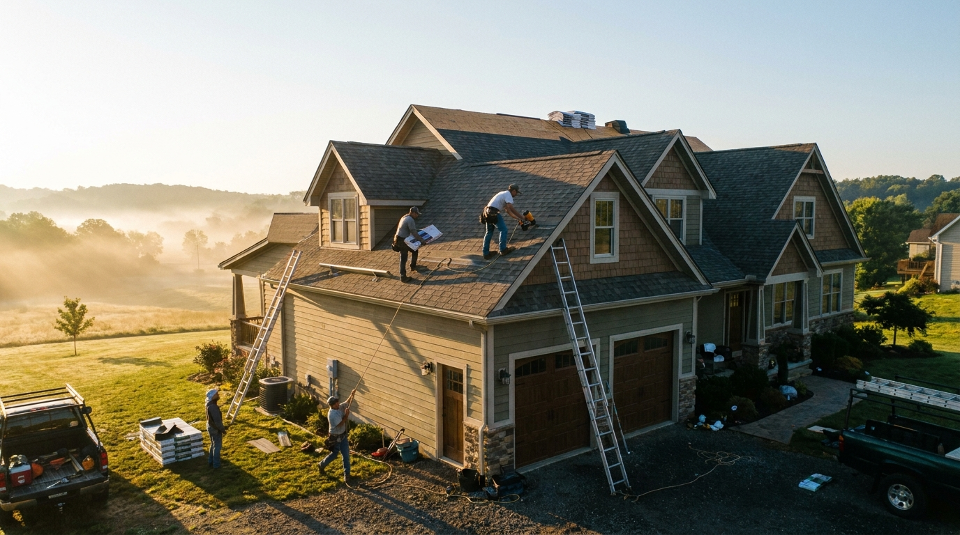 Roofing crew at work