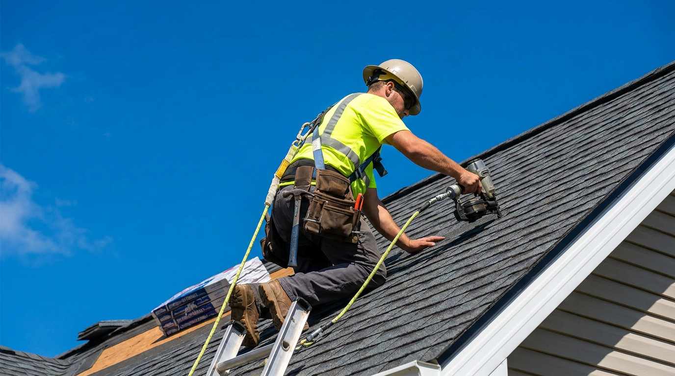 Roofer installing shingles